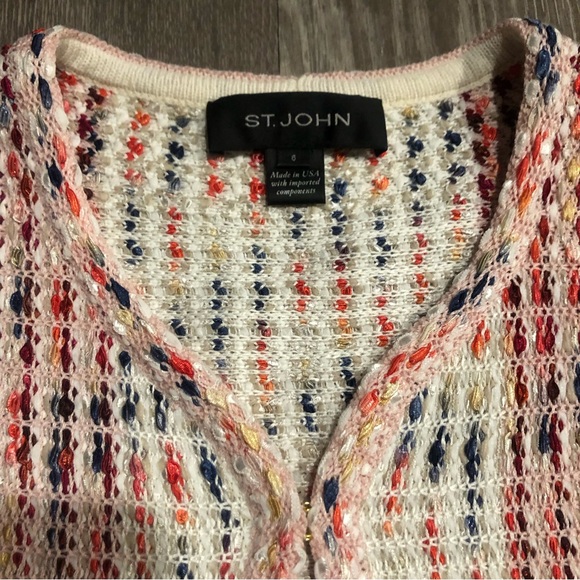 St John Ribbon Fringe Macro Plaid Cardigan Jacket in Blush Sz 6 - Picture 7 of 11